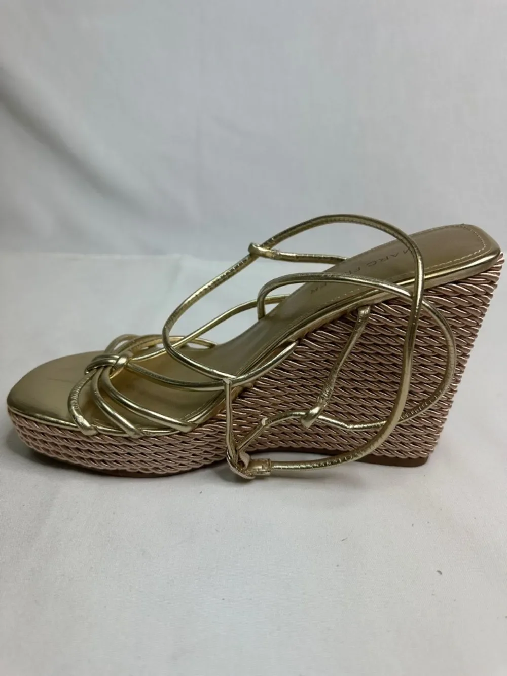 Marc Fisher Gold Metallic Strappy Wedge Sandals with Knot Detail